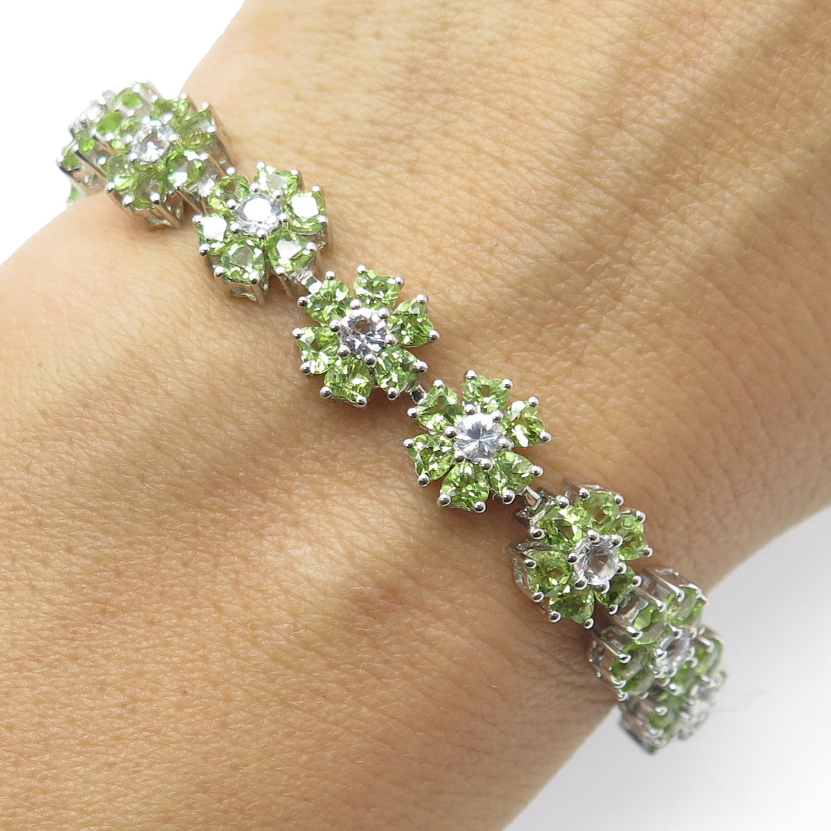 HAROLD TRUJILLO 925 Sterling Silver White Topaz & Peridot Tennis Bracelet 7.25"