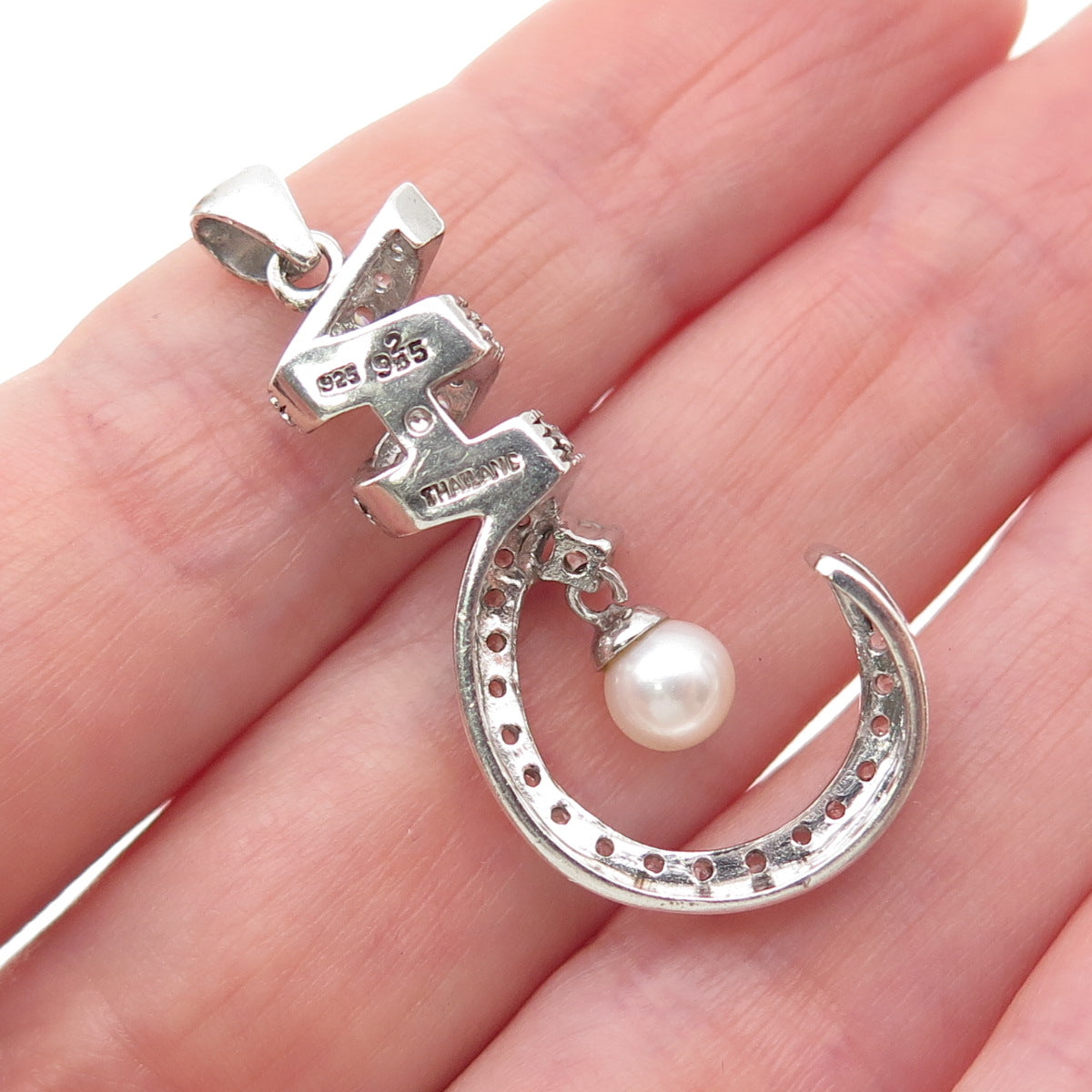 925 Sterling Silver Real Pearl & C Z Twisted Hook Charm Pendant