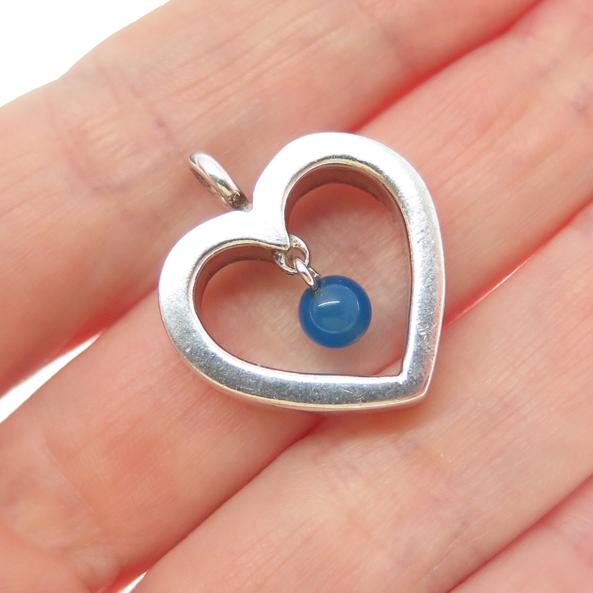 925 Sterling Silver Vintage Real Chalcedony Open Heart Minimalist Charm Pendant