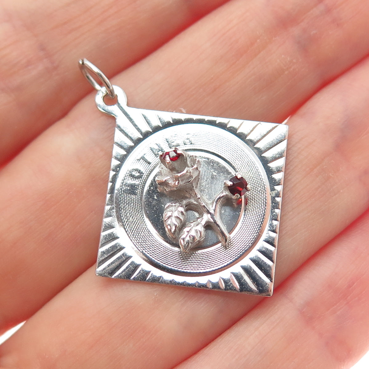 M&M MARK MERCY Sterling Silver Vintage Rhinestone Mother Flower Charm Pendant