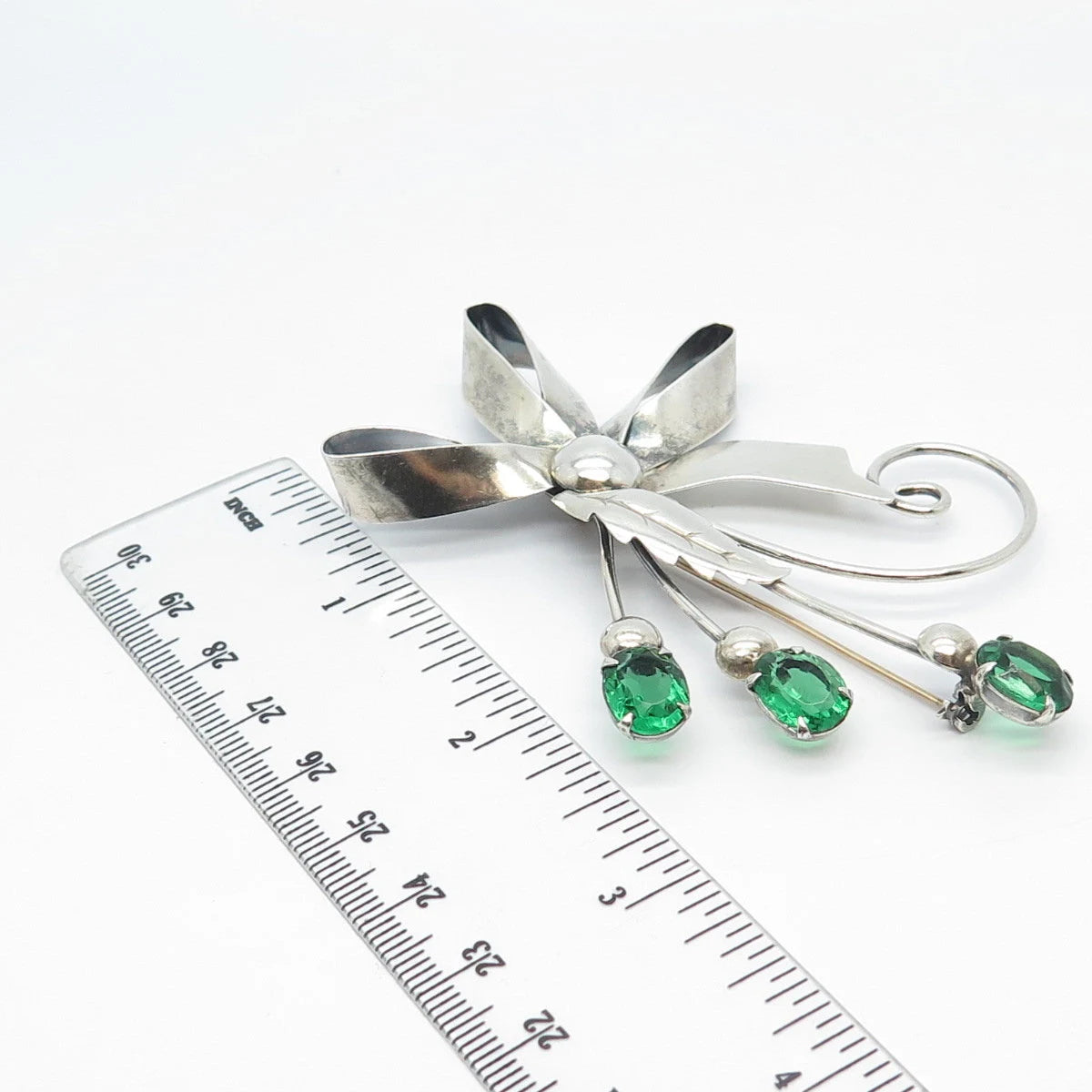 925 Sterling Silver Vintage Enzell Green Glass Floral Pin Brooch