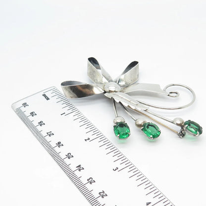 925 Sterling Silver Vintage Enzell Green Glass Floral Pin Brooch