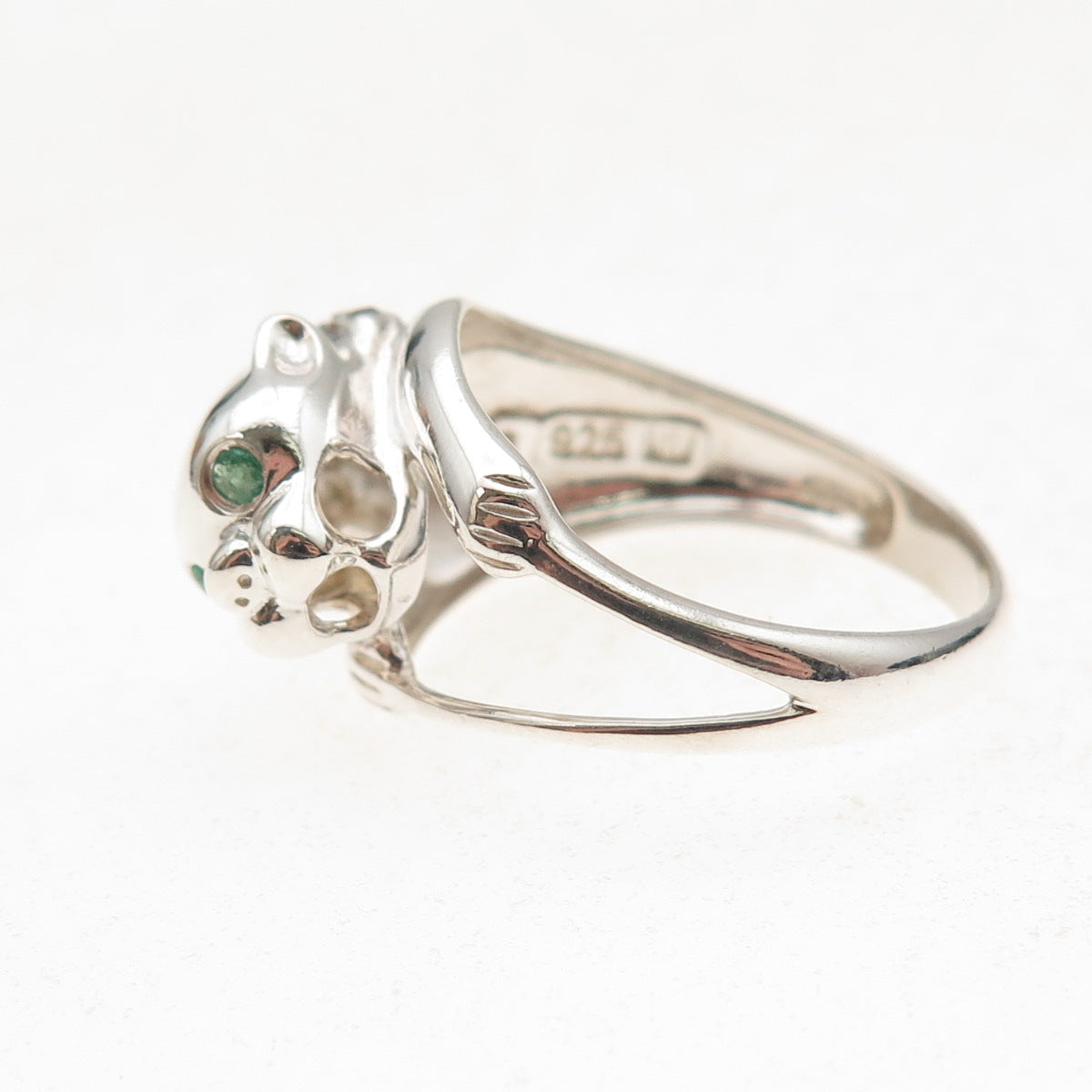 Nevada 925 Sterling Silver Vintage Real Emerald & C Z Panther Ring Size 8.25