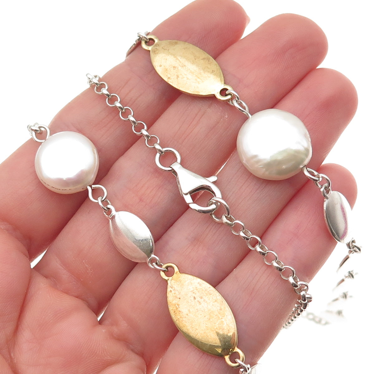 Robert Lee Morris Sterling Silver 2-Tone Vintage Real Pearl Chain Necklace 32"