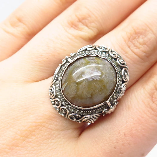 925 Sterling Silver Vintage Real Agate Gemstone Ornate Domed Ring Size 8.5
