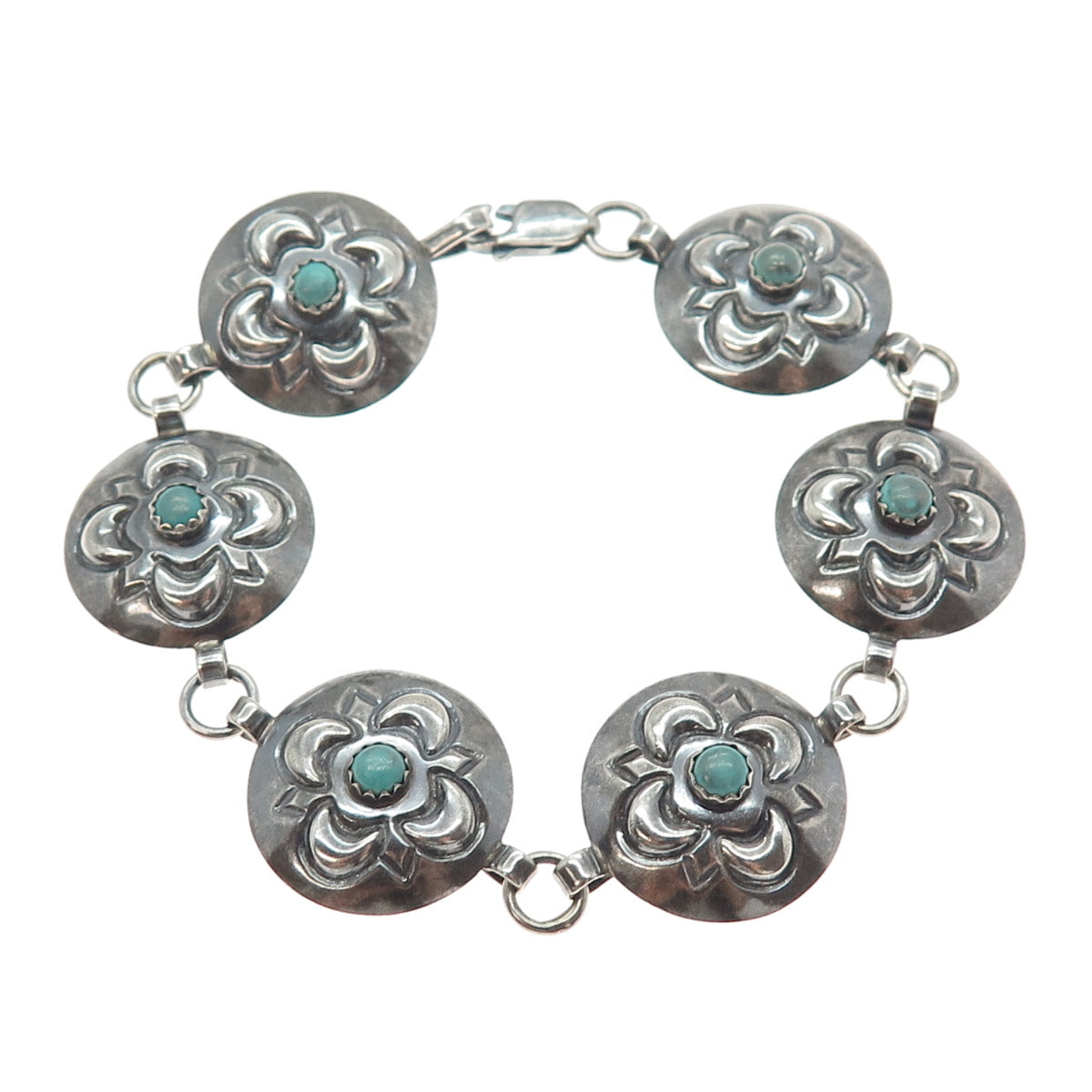 SHAWN NELSON NAVAJO Old Pawn 925 Sterling Vintage Turquoise Flower Bracelet 7"