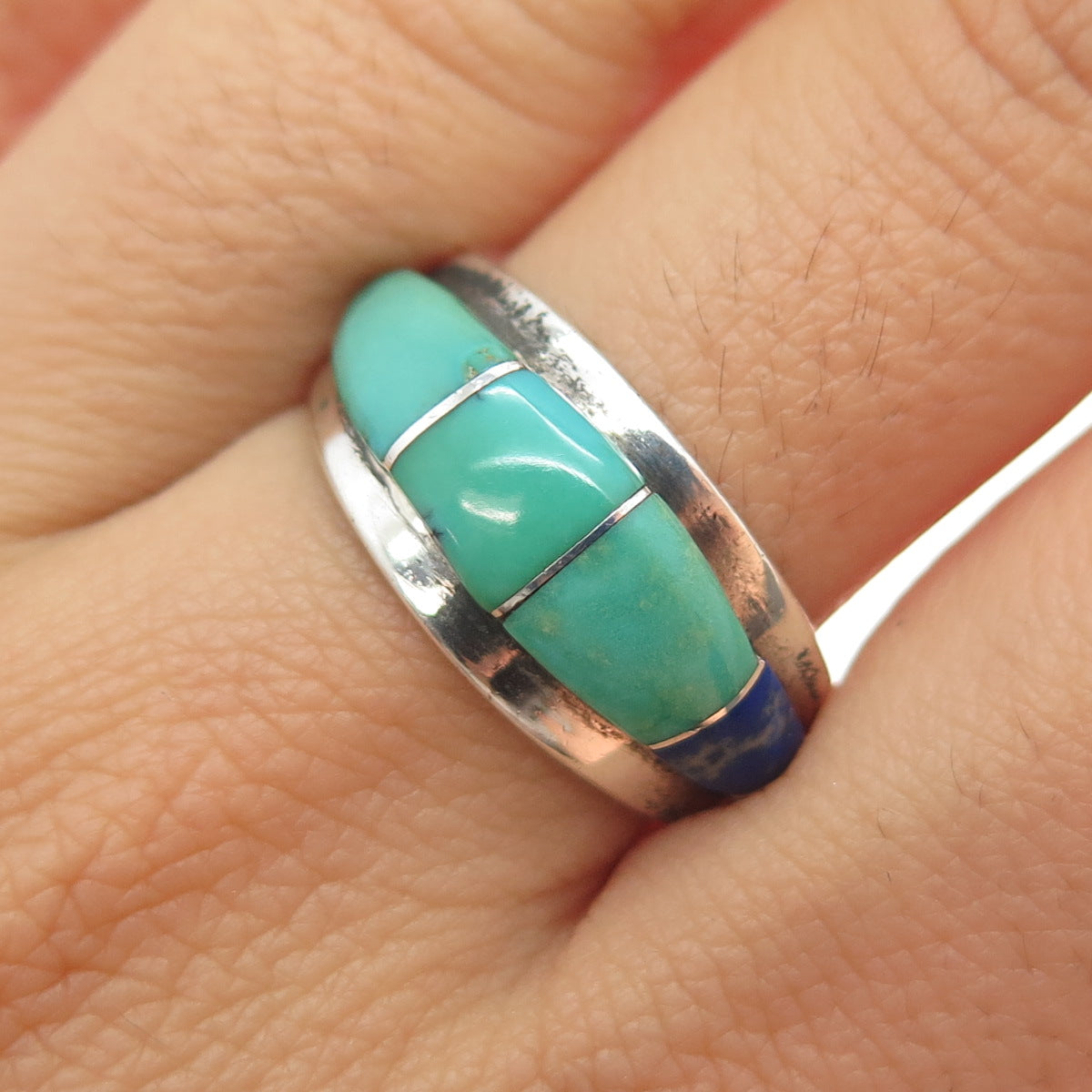 Old Pawn 925 Sterling Silver Vintage Turquoise & Lapis Tribal Ring Size 9.25