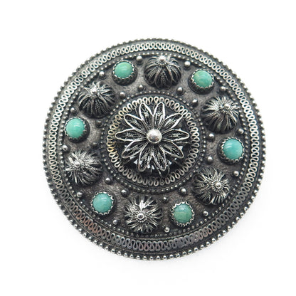 925 Sterling Silver Antique Israel Turquoise Gem Ethnic Eternal Curve Brooch