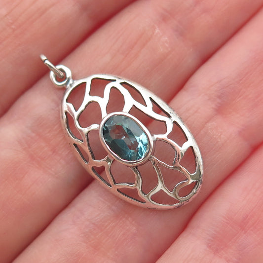 925 Sterling Silver Vintage Real Oval-Cut Blue Topaz Ornate Charm Pendant