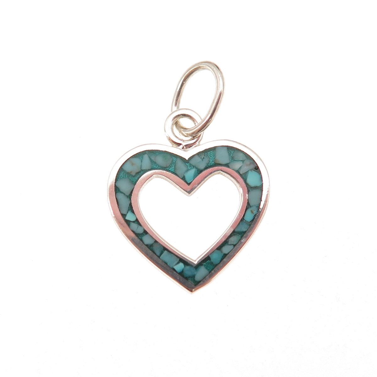 925 Sterling Silver Vintage Real Turquoise Inlay Heart Charm Pendant