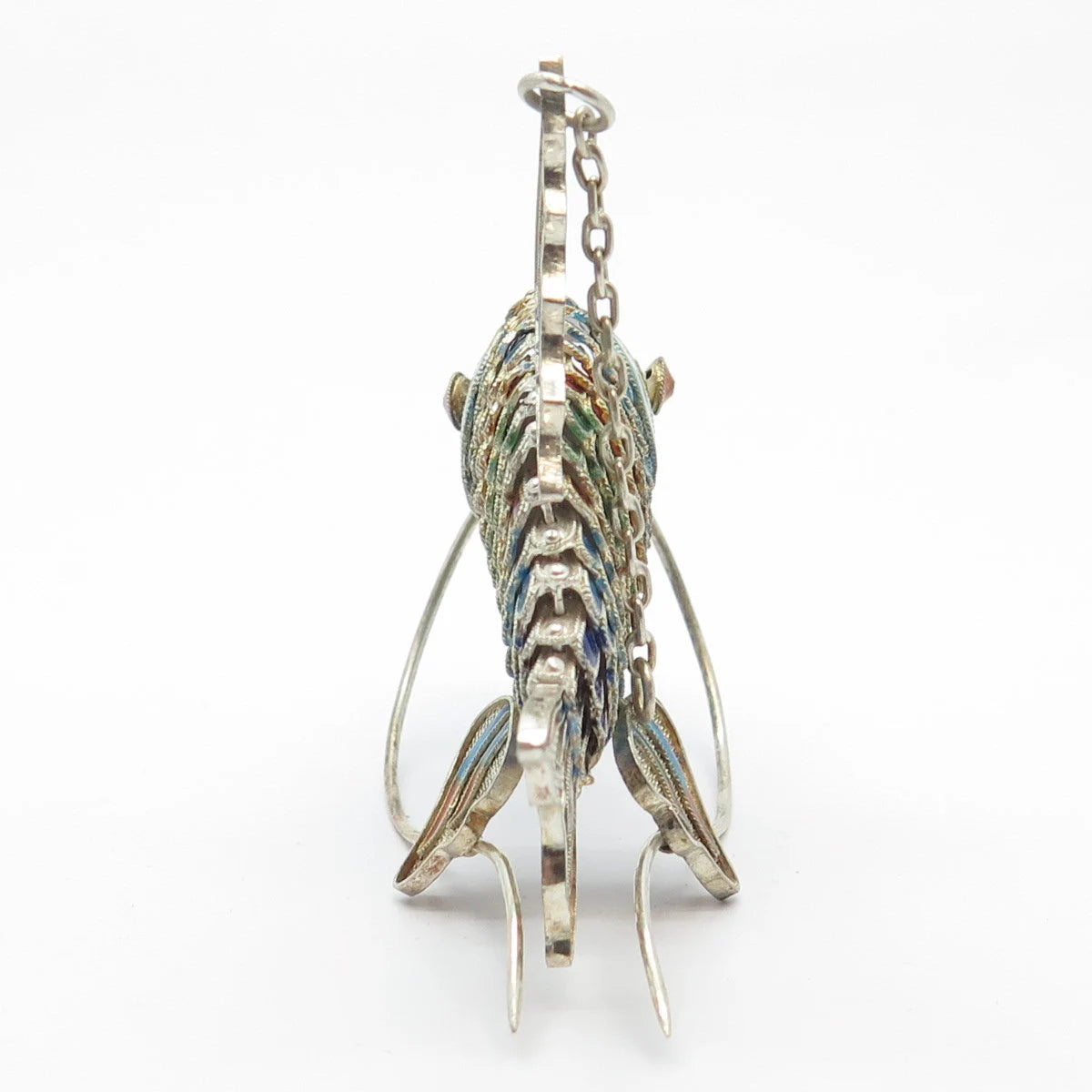 925 Sterling Silver Antique Enamel Chinese Koi Fish Articulated Chatelaine Fob