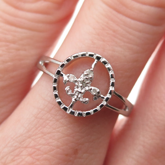 925 Sterling Silver Real Round-Cut Diamond Fleur de Lis Ring Size 7