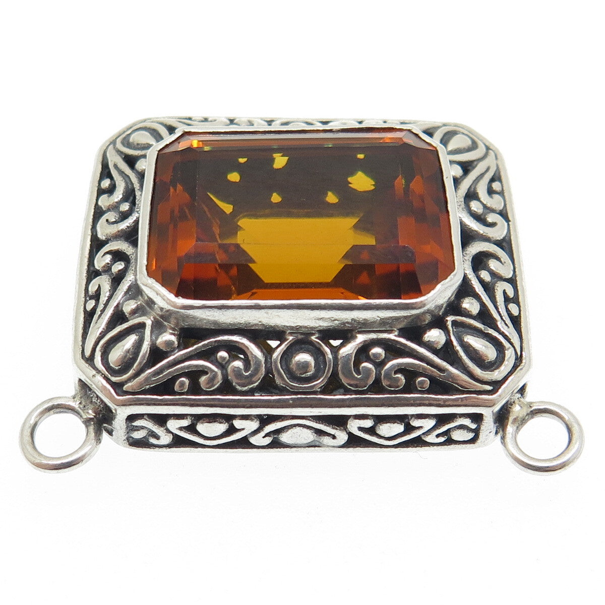 925 Sterling Silver Vintage Real Emerald-Cut Citrine Ornate Centerpiece Pendant