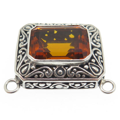 925 Sterling Silver Vintage Real Emerald-Cut Citrine Ornate Centerpiece Pendant