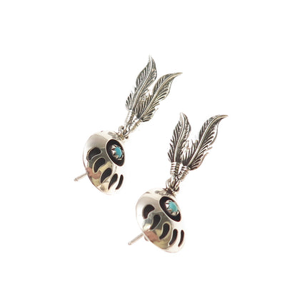 Old Pawn Sterling Silver Vintage Turquoise Snake Eye Bear Paw Feather Earrings