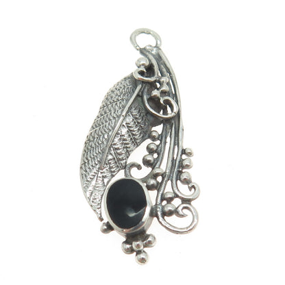 925 Sterling Silver Vintage Real Black Onyx Gemstone Grape Leaf Pendant