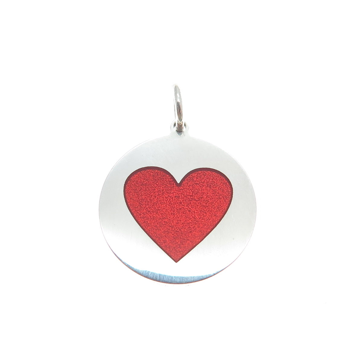 925 Sterling Silver Red Enamel Heart Round Tag Minimalist Charm Pendant
