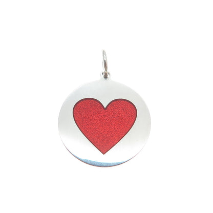 925 Sterling Silver Red Enamel Heart Round Tag Minimalist Charm Pendant
