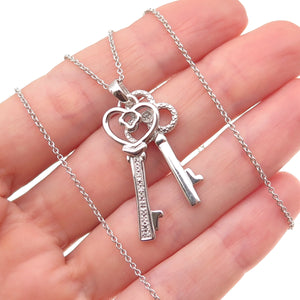 925 Sterling Silver Real Diamond Heart & Club Key Cable Chain Necklace 18"