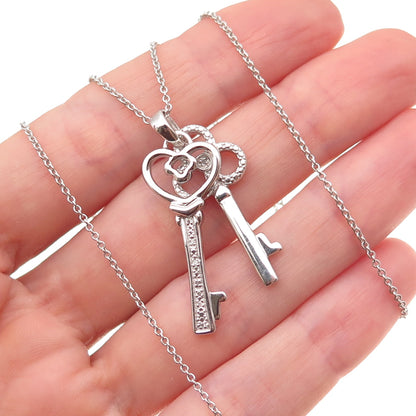 925 Sterling Silver Real Diamond Heart & Club Key Cable Chain Necklace 18"