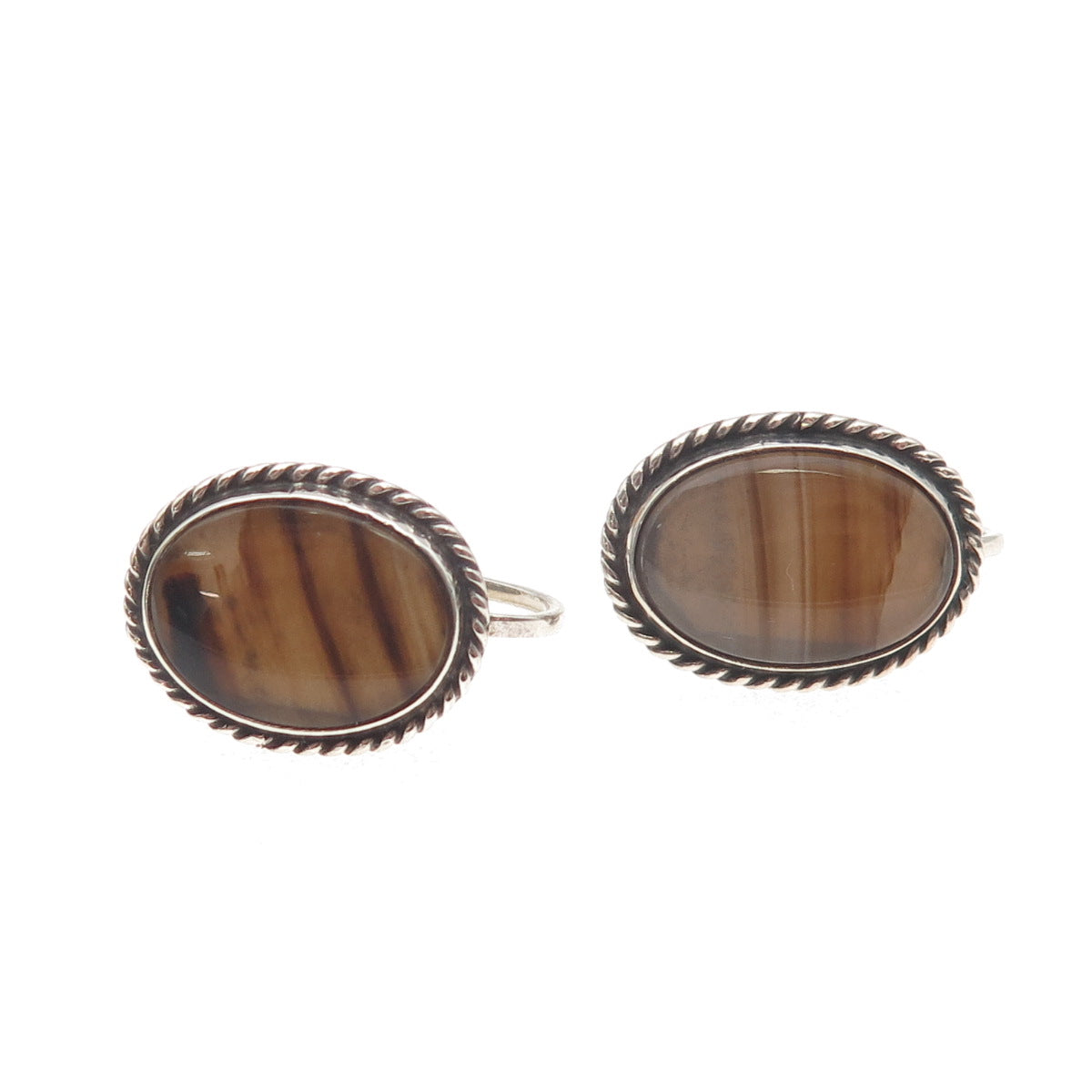 925 Sterling Silver Vintage Real Agate Oxidized Screw Back Earrings