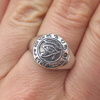 925 Sterling Silver Vintage Egyptian Eye of Ra Oxidized Signet Ring Size 8.25