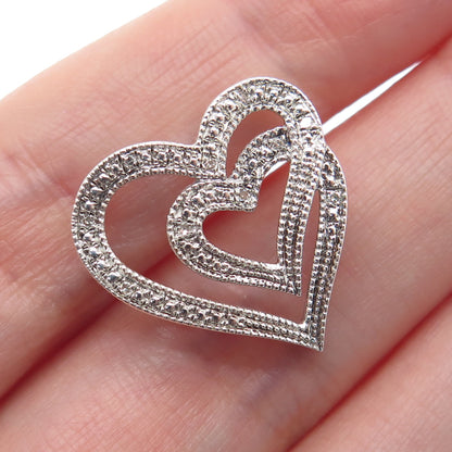 925 Sterling Silver Real Round-Cut Diamond Double Heart Minimalist Slide Pendant