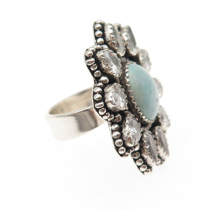 925 Sterling Vintage Real Turquoise & C Z Statement Adjustable Ring Size 7.5