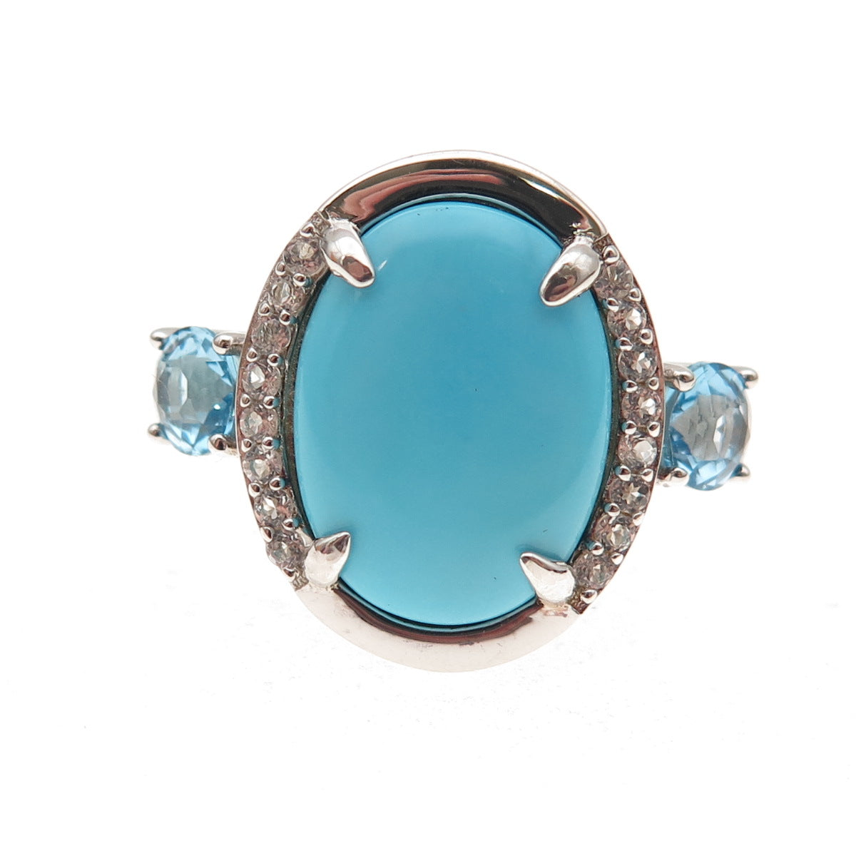 925 Sterling Silver Real Tyrone Turquoise Blue & White Topaz Ring Size 8