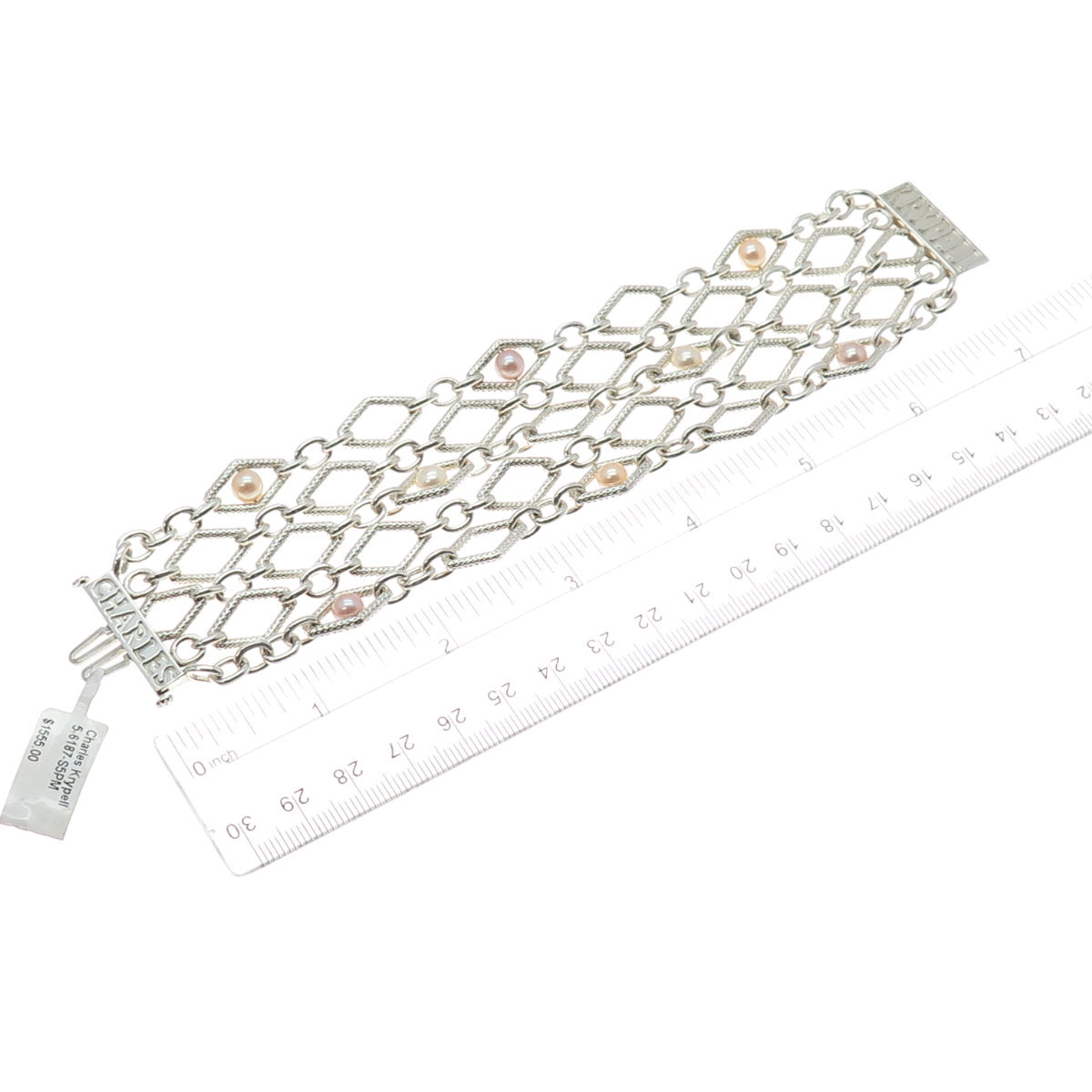 CHARLES KRYPELL 14K White Gold Sterling Silver Vintage Real Pearl Bracelet 6.5"