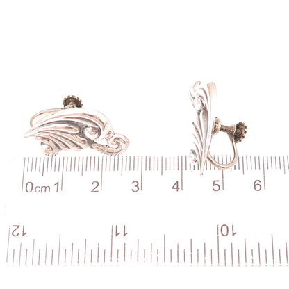 925 Sterling Silver Vintage Mexico Modernist Floral Oxidized Screw Back Earrings