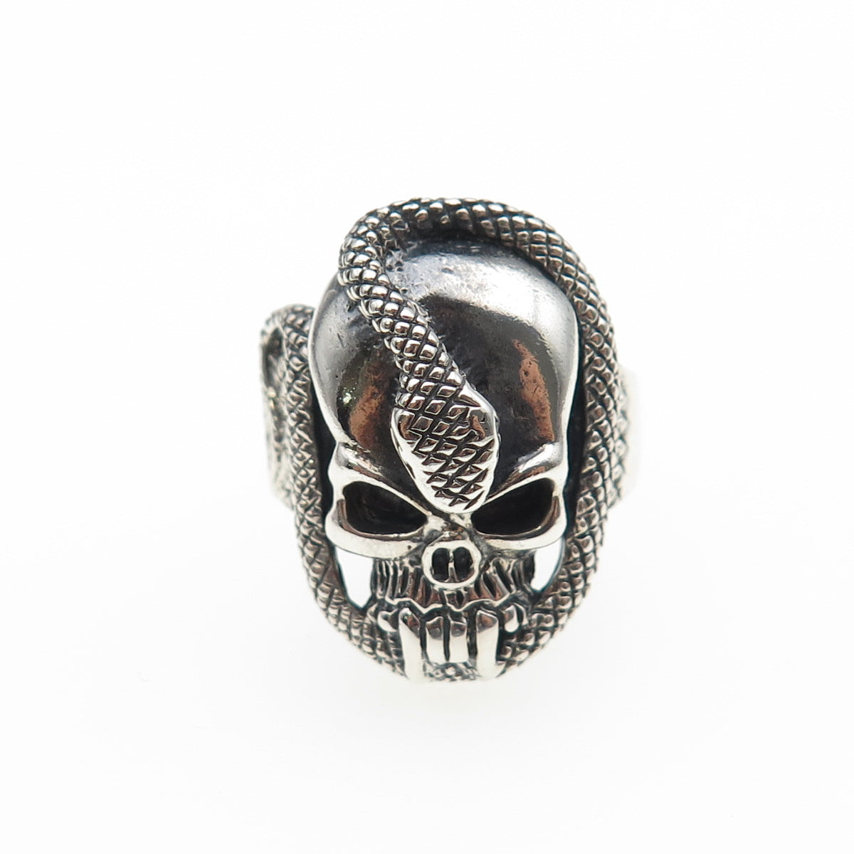 925 Sterling Silver Vintage Skull & Snake Oxidized Biker Ring Size 7.75