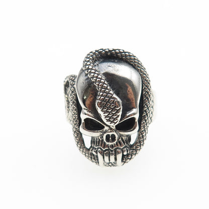 925 Sterling Silver Vintage Skull & Snake Oxidized Biker Ring Size 7.75