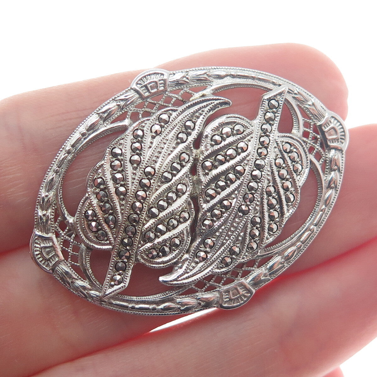 925 Sterling Silver Antique Art Deco Real Marcasite Gem Floral Leaf Pin Brooch