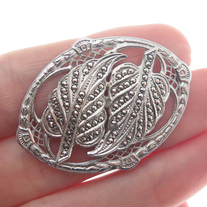 925 Sterling Silver Antique Art Deco Real Marcasite Gem Floral Leaf Pin Brooch