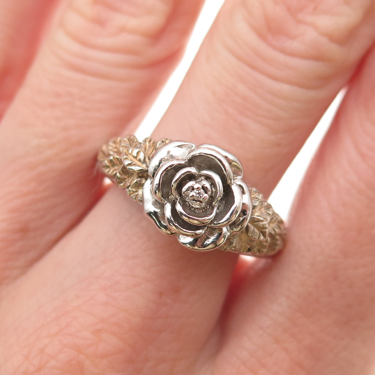 Franklin Mint 925 Sterling 2-Tone Vintage Real Diamond Accent Rose Ring Size 9.5