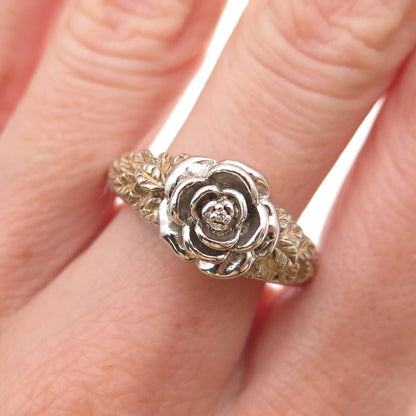 Franklin Mint 925 Sterling 2-Tone Vintage Real Diamond Accent Rose Ring Size 9.5