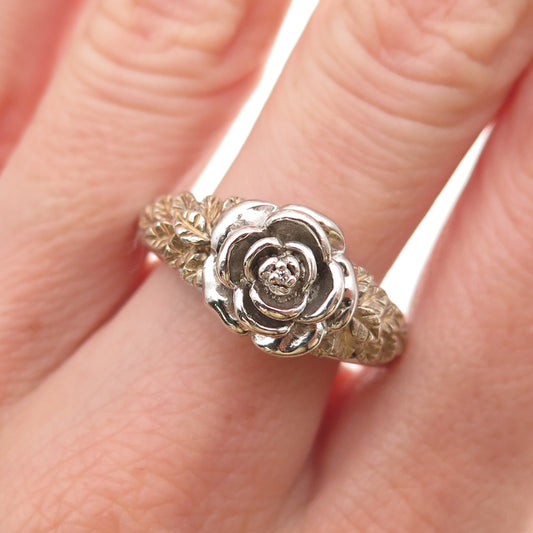 Franklin Mint 925 Sterling 2-Tone Vintage Real Diamond Accent Rose Ring Size 9.5