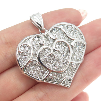 925 Sterling Silver Pave C Z Heart Large Pendant