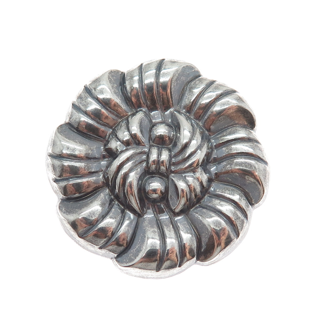 925 Sterling Silver Vintage Flower Ribbed Oxidized Pin Brooch