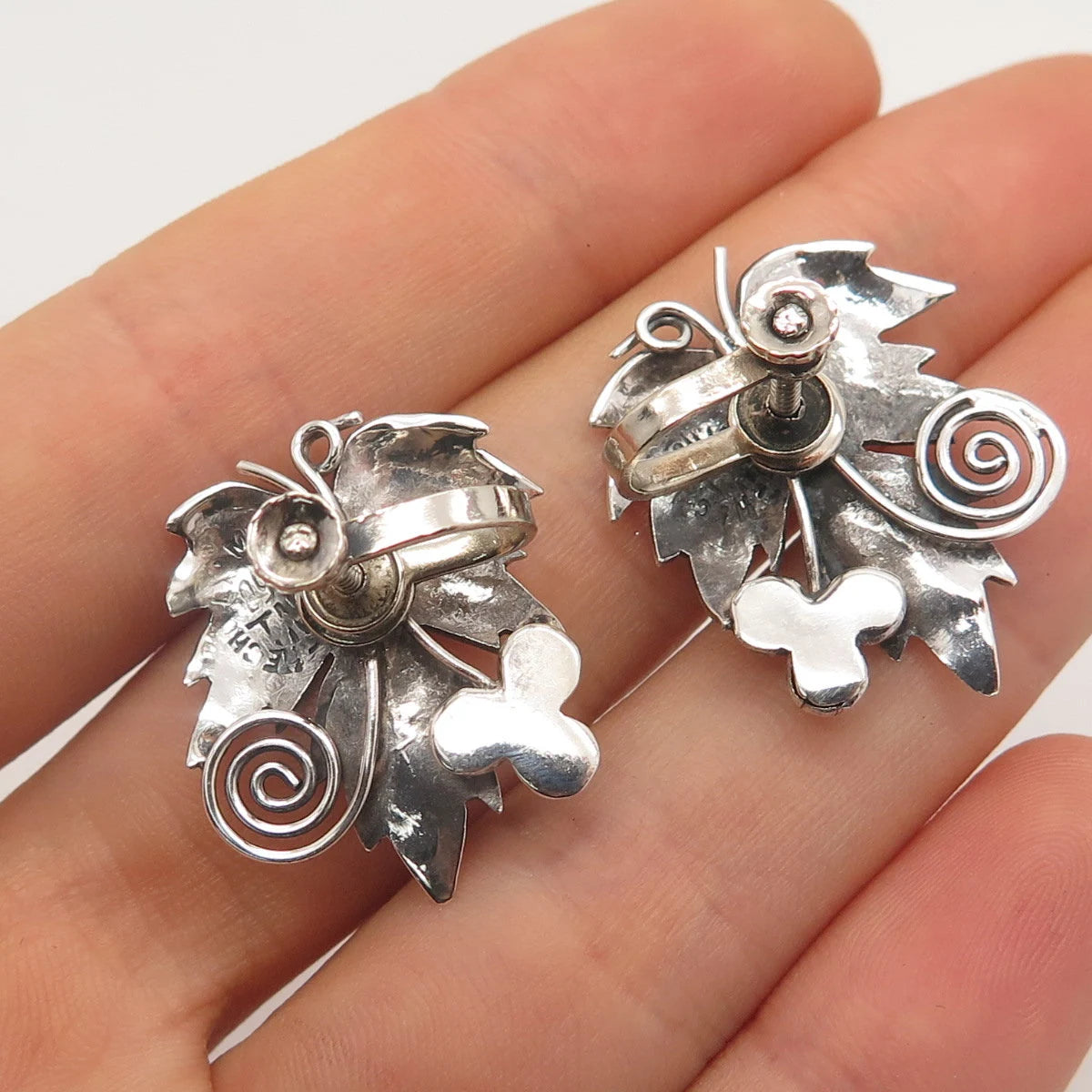 925 Sterling Silver Vintage Mexico Grape Leaf Screw Back Earrings
