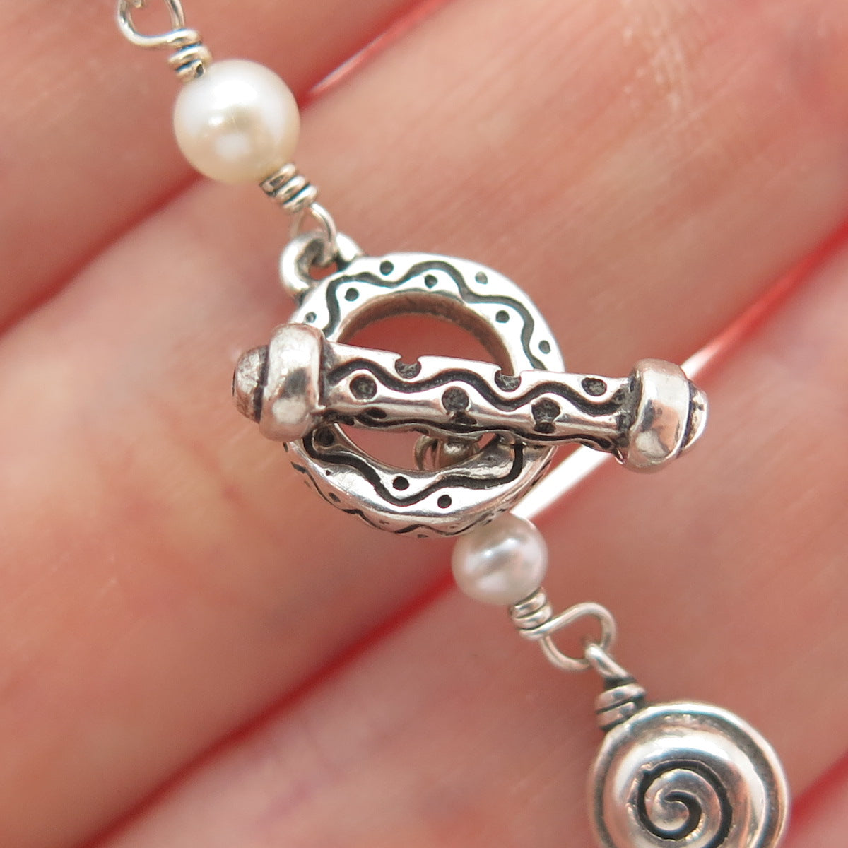 925 Sterling Silver Vintage Real Pearl Spiral Beaded Link Bracelet 6.75"