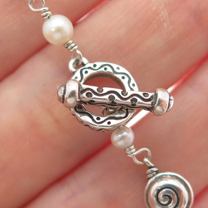925 Sterling Silver Vintage Real Pearl Spiral Beaded Link Bracelet 6.75"