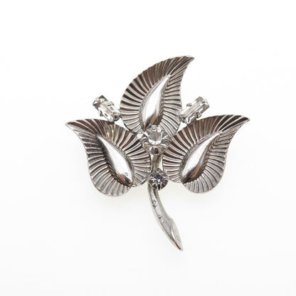 EVERFINE 925 Sterling Silver Antique Art Deco Rhinestone Floral Pin Brooch