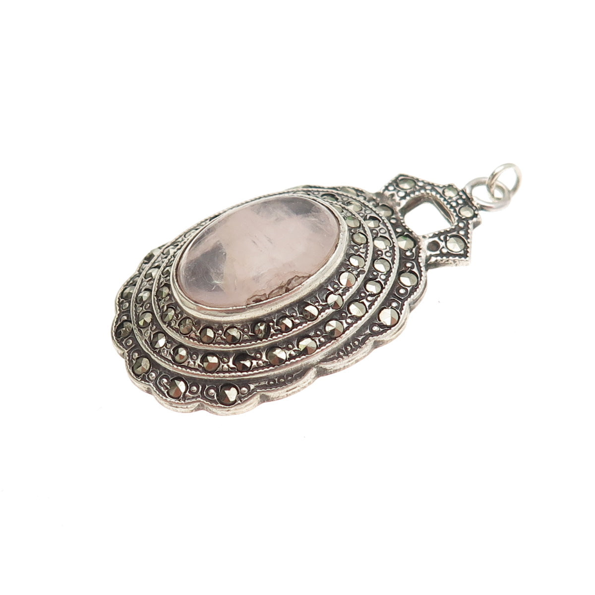 925 Sterling Silver Antique Art Deco Real Rose Quartz & Marcasite Charm Pendant
