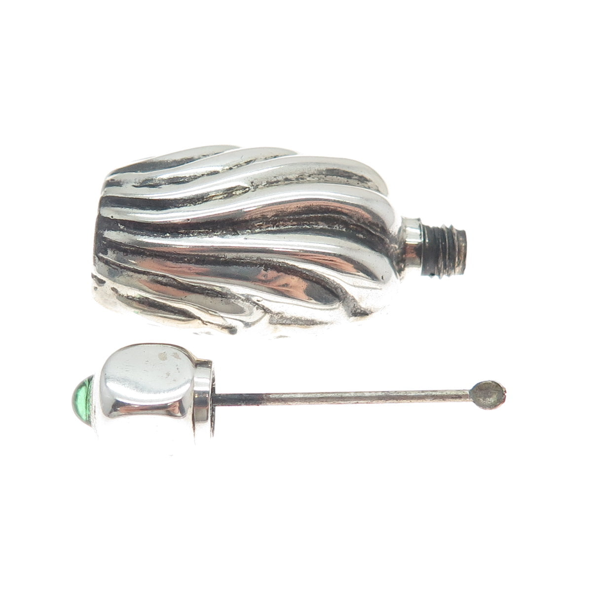925 Sterling Silver Vintage Mexico Green Glass Modernist Oxidized Perfume Bottle