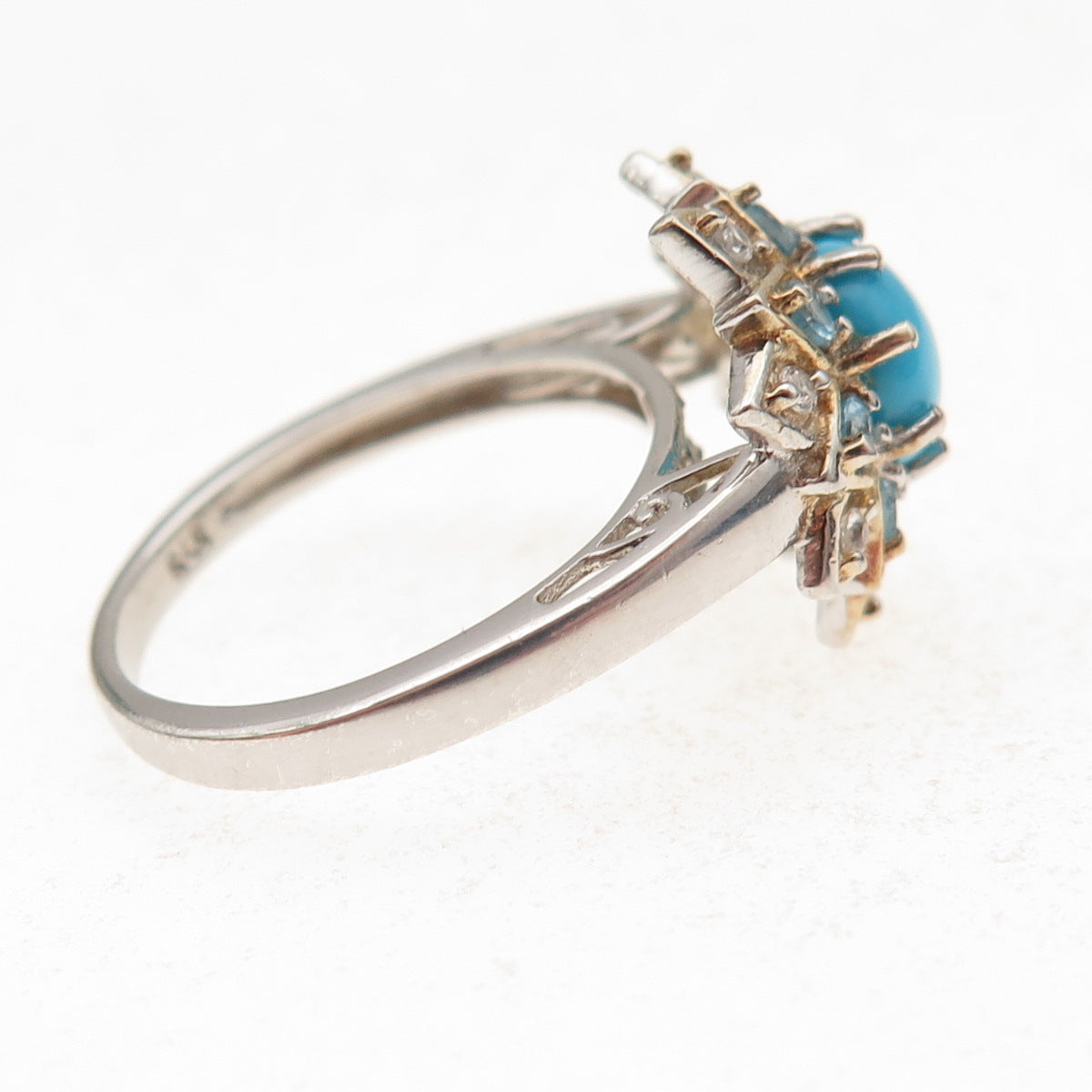 Chuck Clemency 925 Sterling 2-Tone Real Turquoise Blue & White Topaz Ring Size 7