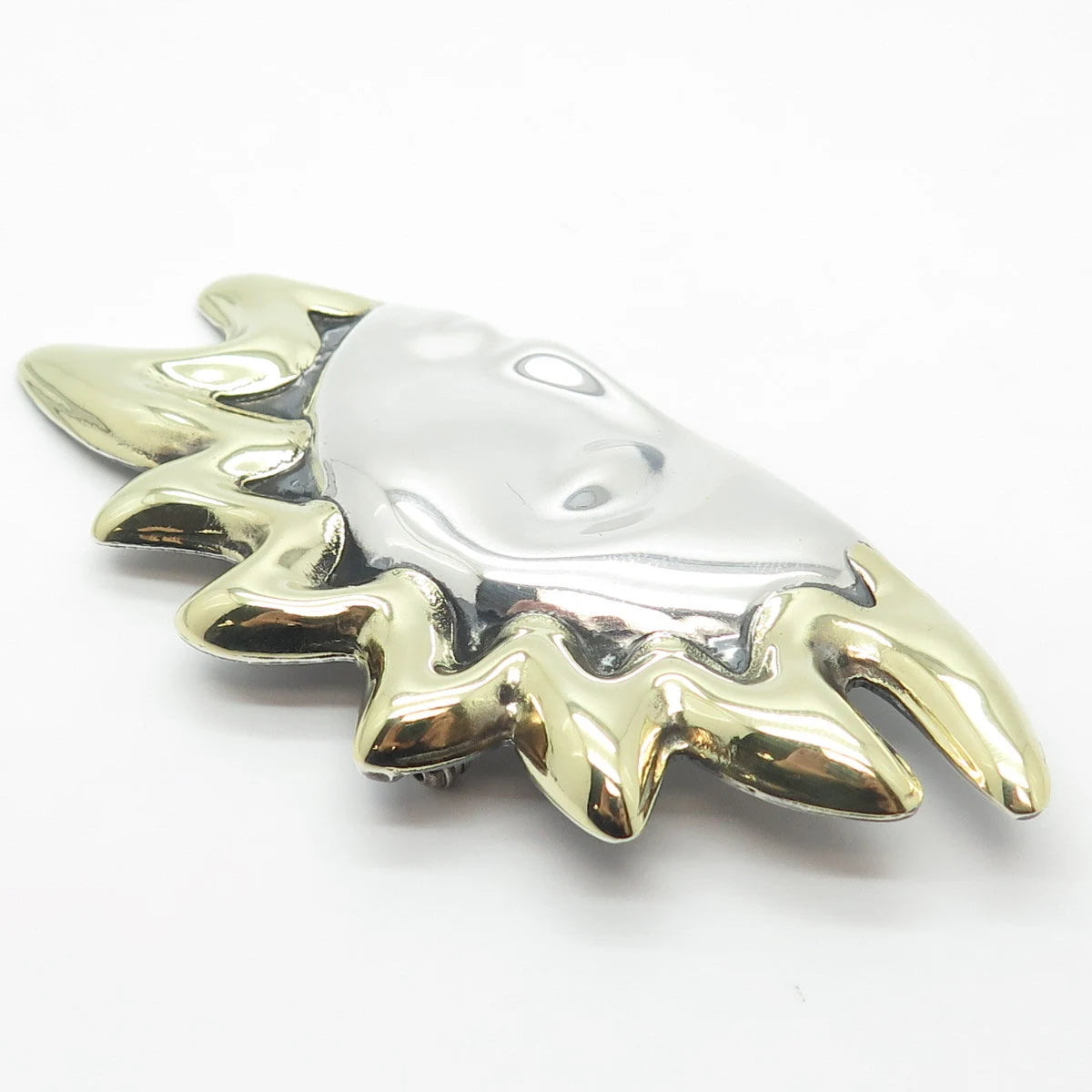 925 Sterling Silver 2-Tone Vintage Mexico Half Face Sun Pin Brooch