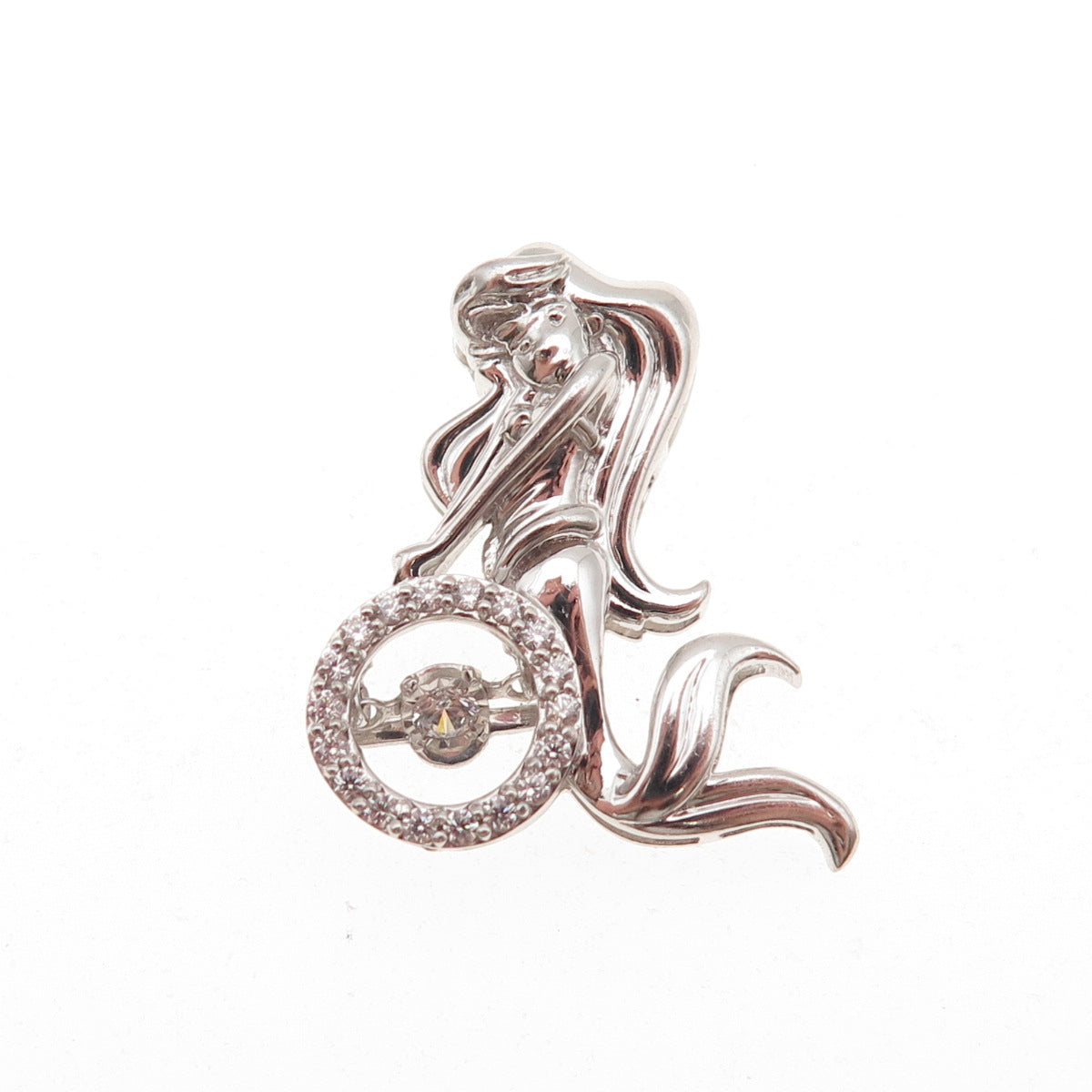 925 Sterling Silver Round-Cut C Z Mermaid Slide Charm Pendant
