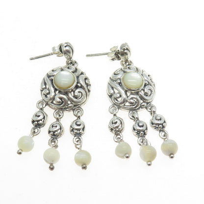 925 Sterling Silver Vintage Real Mother-of-Pearl Swirl Dangling Earrings